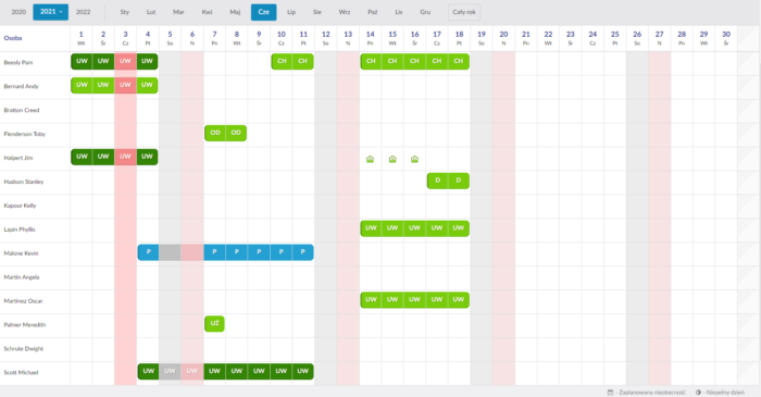 Kalendarz z zaplanowanymi urlopami oraz wystawionymi wnioskami o nieobecność. 